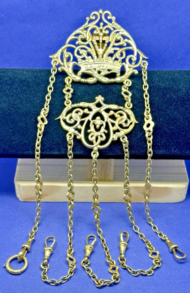 EXCELLENT VICTORIAN 5 STRAND SOLID SILVER GILT CHATELAINE BY HENRY MATTHEWS 1900