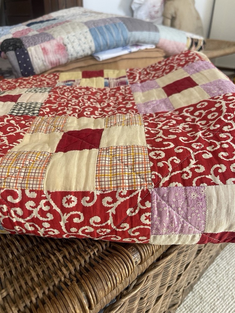 Vintage Red Calico Feedsack Patchwork Quilt Blanket Nine Patch 1900s Beautiful