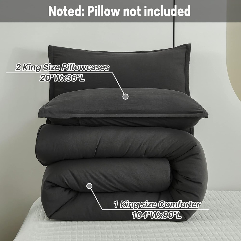 Gray Comforter King Size Set, Lightweight Plain, All Season Fluffy Bedding Set