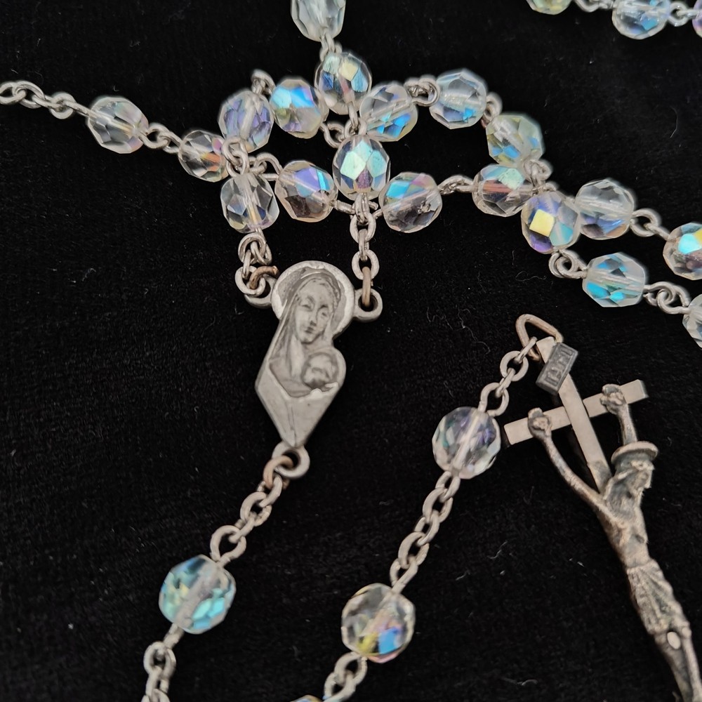 VINTAGE ROSARY, AURORA BOREALIS CLEAR BEADS, 30", ITALY