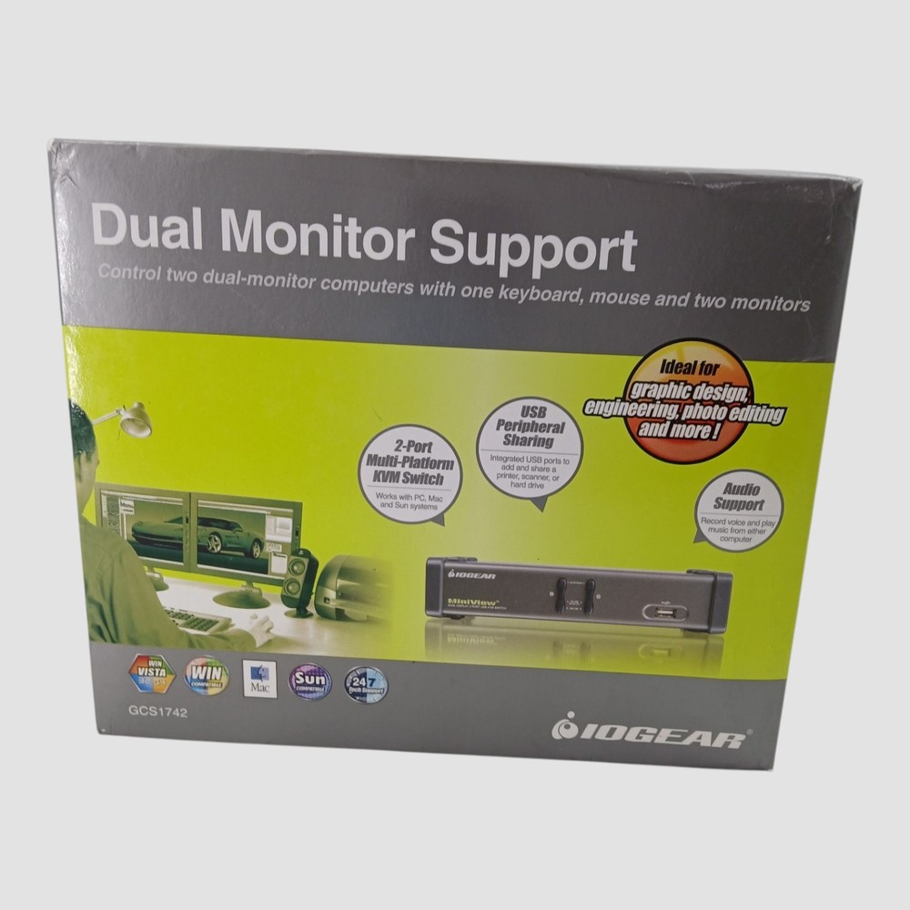 Iogear 2-Port Dual View KVM Switch with Audio&USB Peripheral Sharing-Untested
