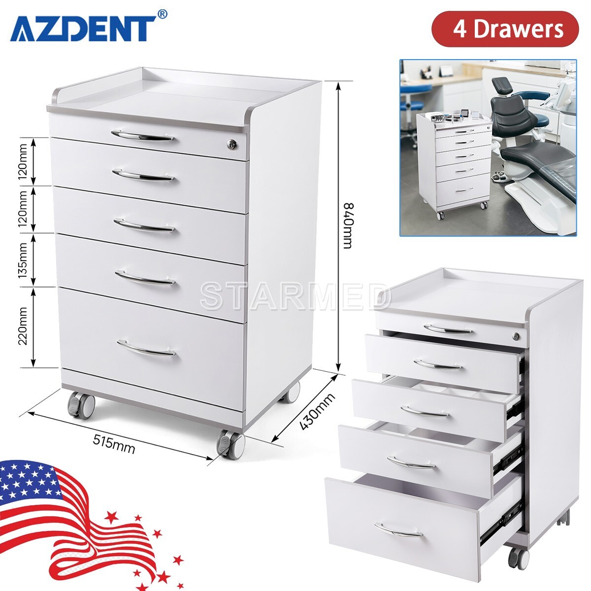 4 Drawers Dental Mobile Cabinet Storage Tool Cart Medical Trolley 360° Swivel