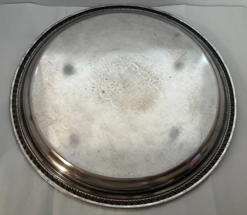 Unbranded Silver Plate Serving Tray with Makers Marks Round with Rope Edge