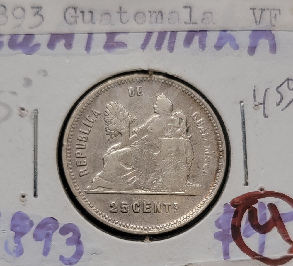 Guatemala 1893 25 Centavos Silver Coin ➕️ VF 🇬🇹 ➕️🇬🇹