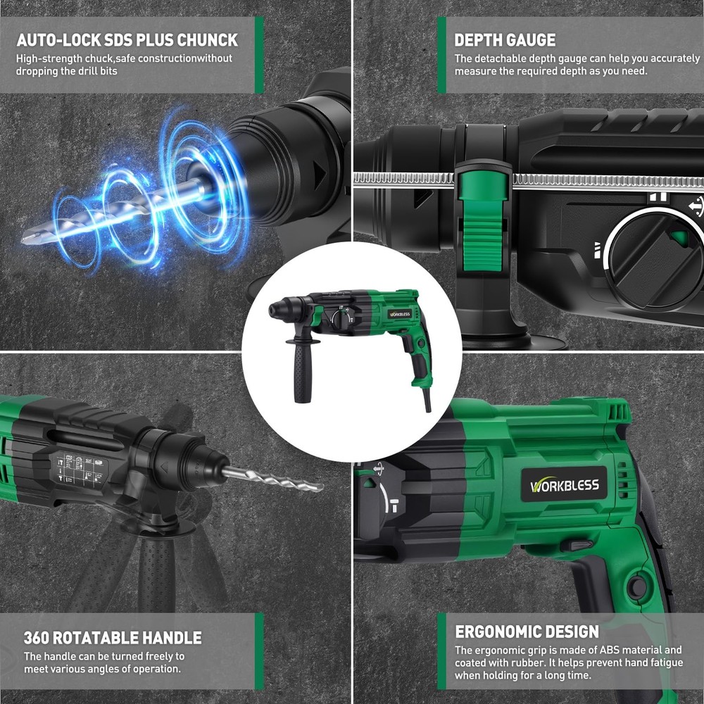 1 Inch SDS-Plus Rotary Hammer Drill, 8Amp, 3.0J 4 Functions Variable Speed Ha...