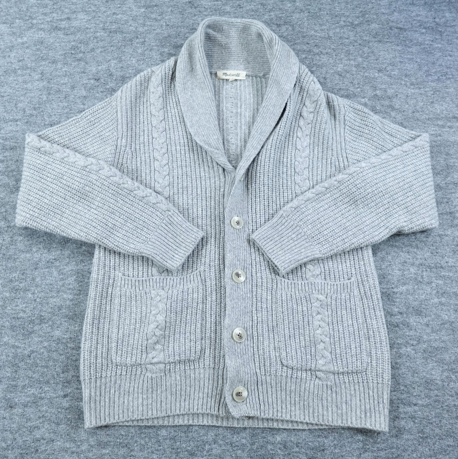 Madewell Sweater Men Medium Gray Shawl Collar Cable Knit Cardigan Merino Wool