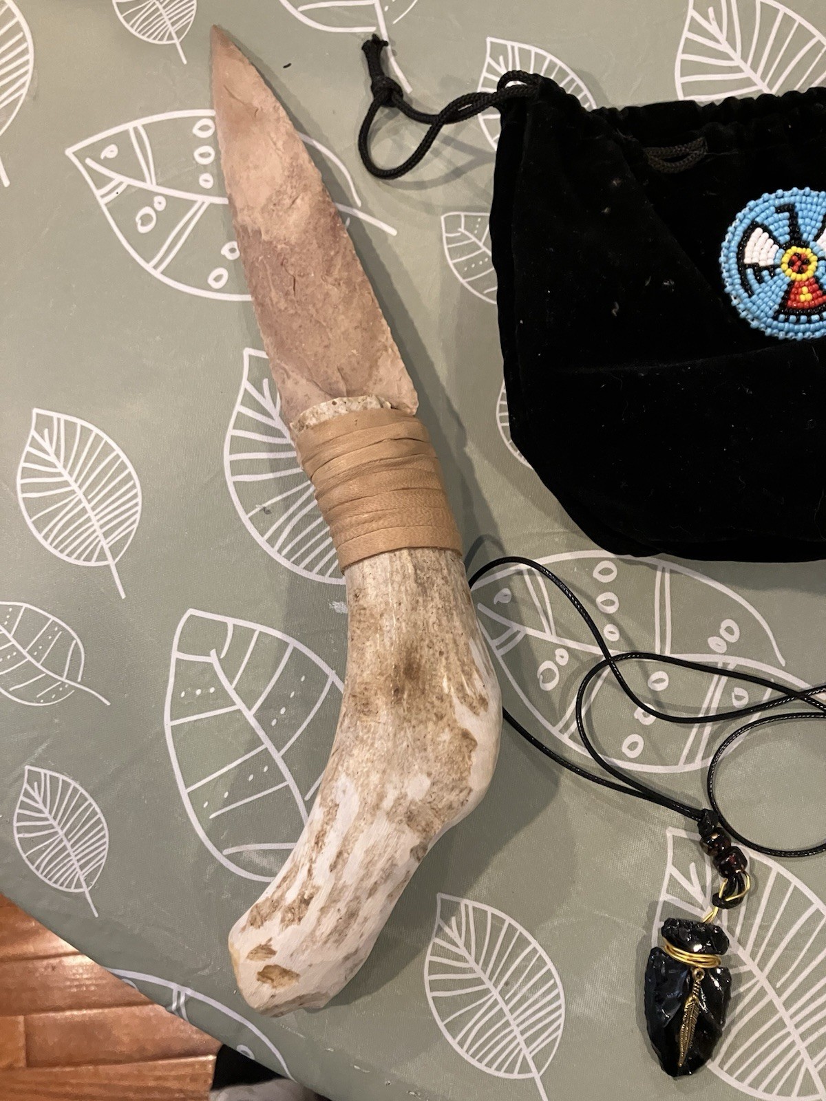 Flint Knapped Stone Arrowhead Blade W/ Antler Handle Knife 12.”inch & EXTRAS