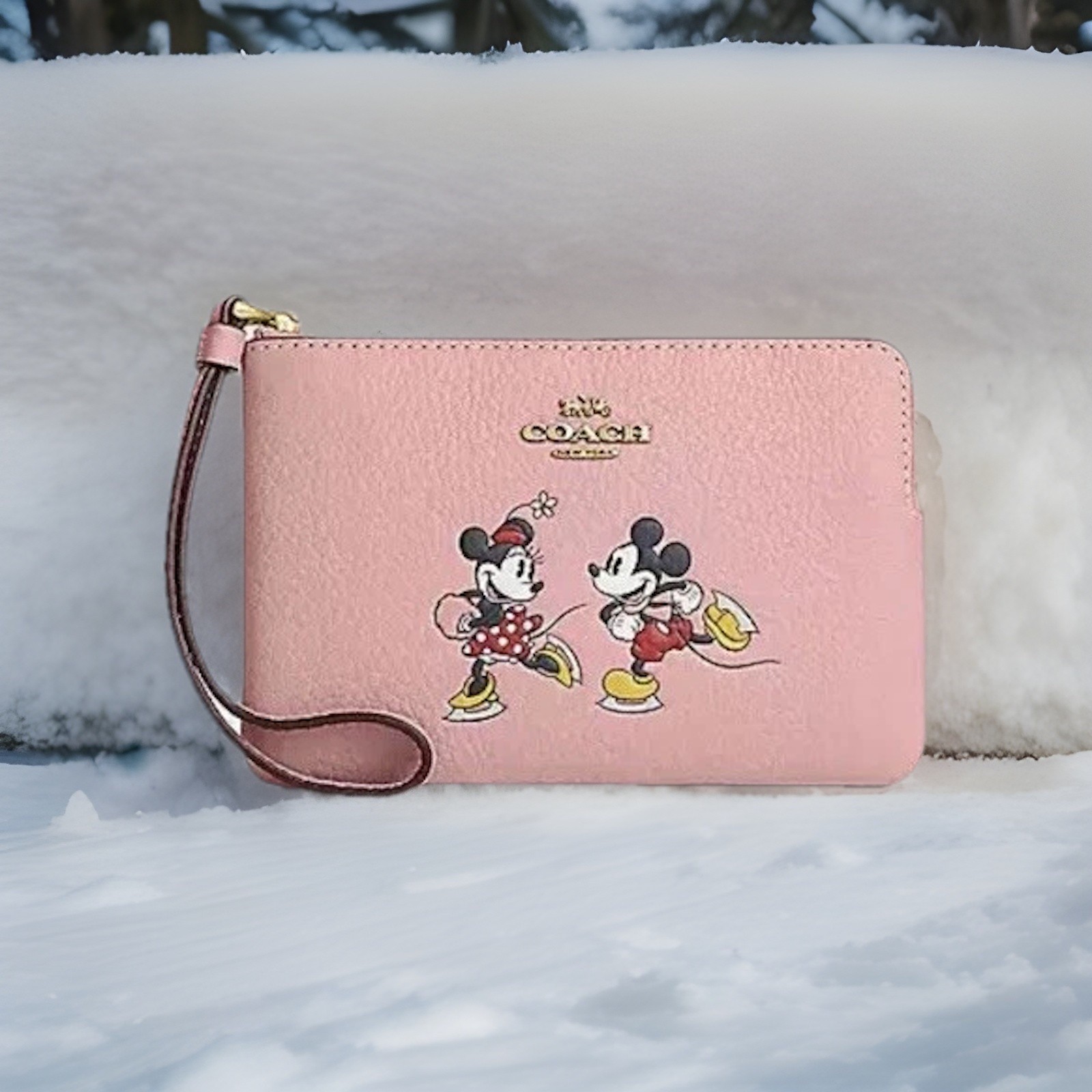 NEW Disney x Coach Corner Zip Wristlet Ice Skate Motif Mickey and Minnie Mouse