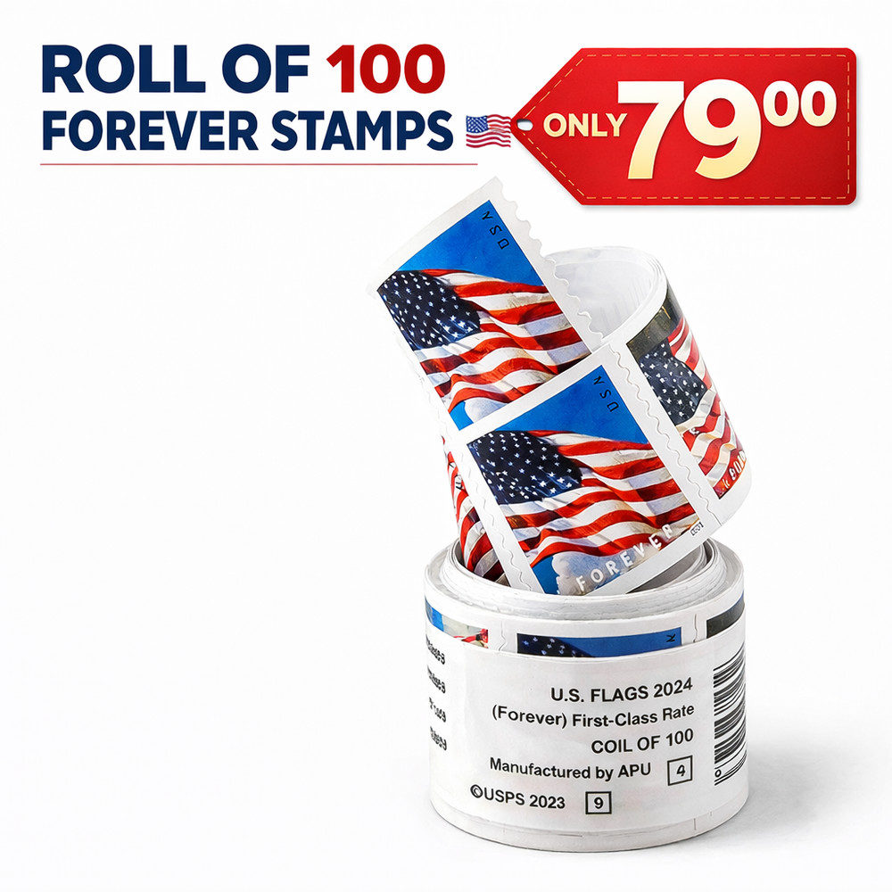 100 USPS Forever Stamps Roll 2024 Flag Coil First Class Postage Bulk Fast Ship