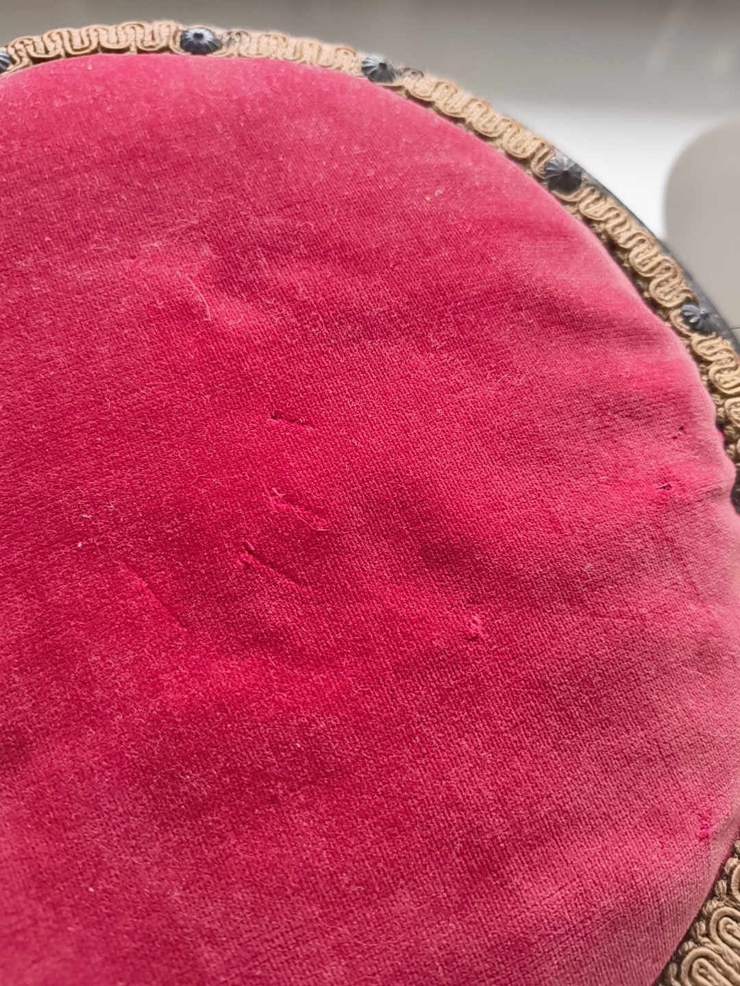 Levan Brothers Victorian Round Cast Iron & Wood Foot Stool Red Veleteen Cover