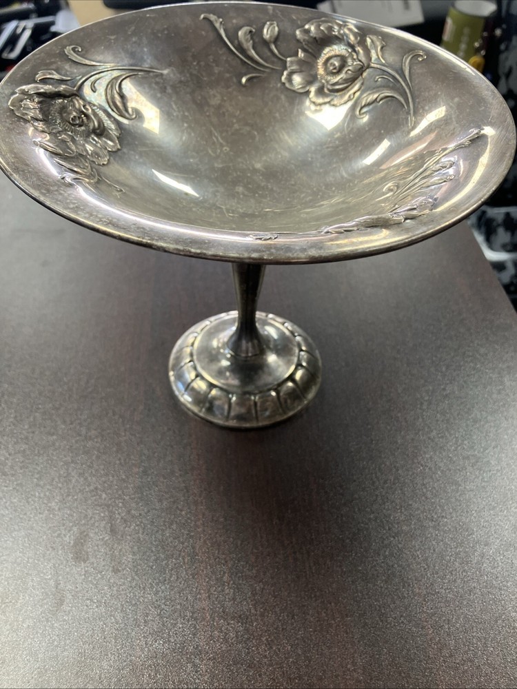 Silver Plated Pedestal Candy Dish 7 3/4” Vintage Floral Design