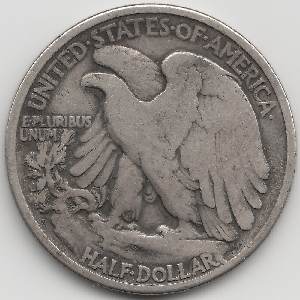 1921 D Walking Liberty Half Dollar, VG+, scratch