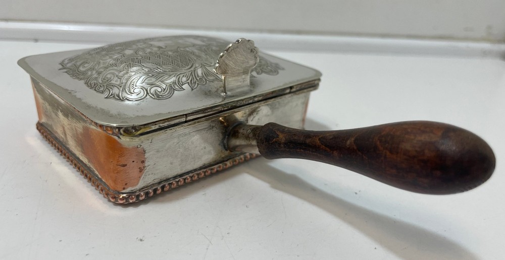 Silver Plate Rectangular Box Crumb Tray with Handle Engraved Artwork Vintage