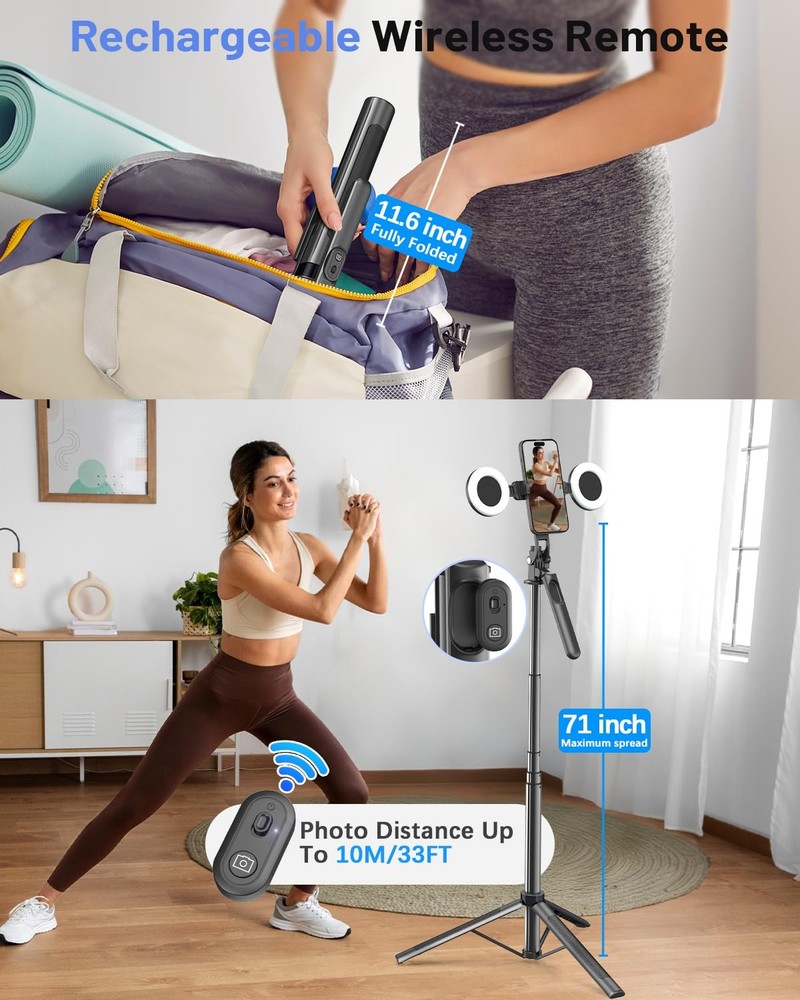 Vlogging Kit for iPhone/Android, 71" Selfie Stick Tripod iPhone Black