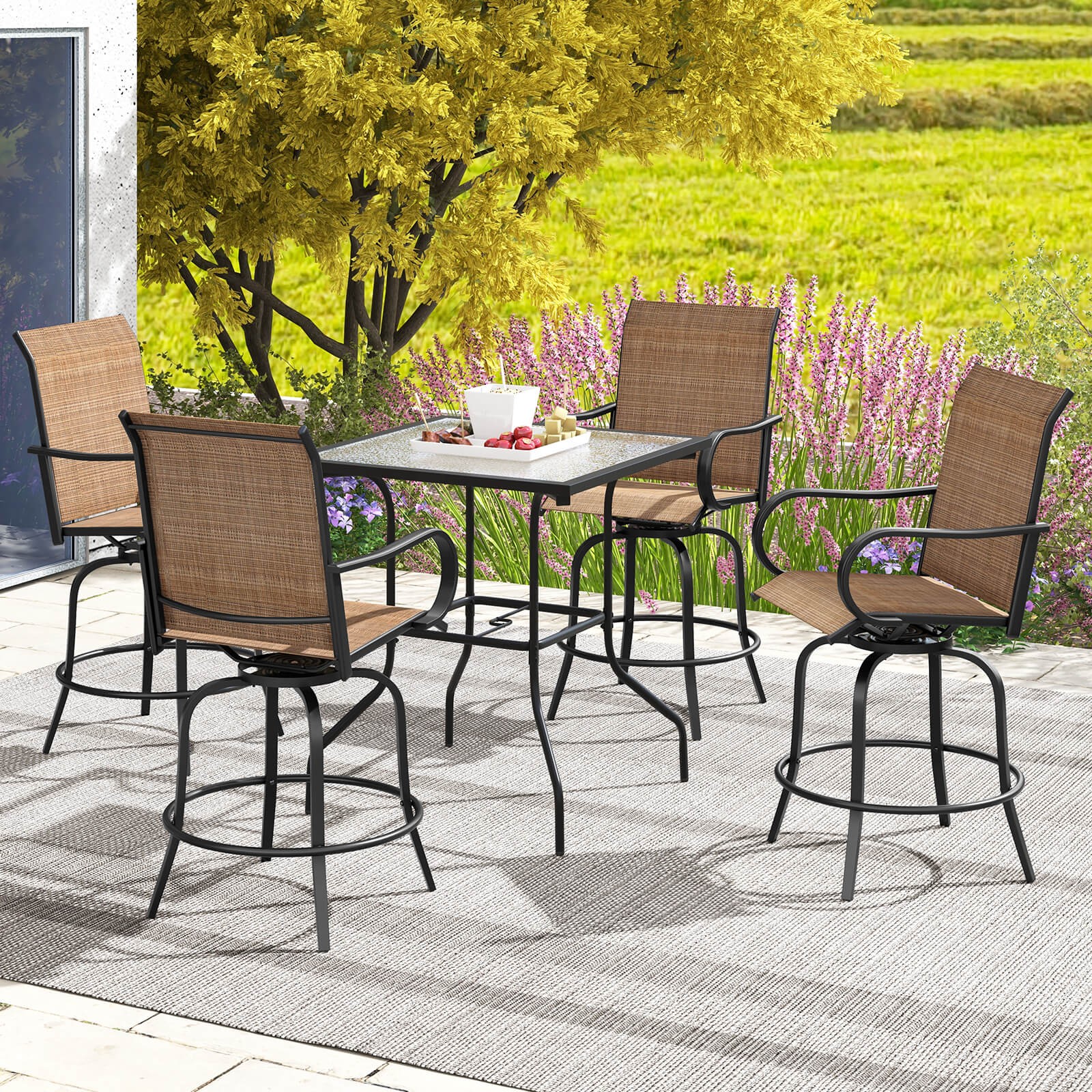 Outdoor Swivel Bar Stool Set of 4 w/Breathable Fabric and Heavy Duty Metal Frame