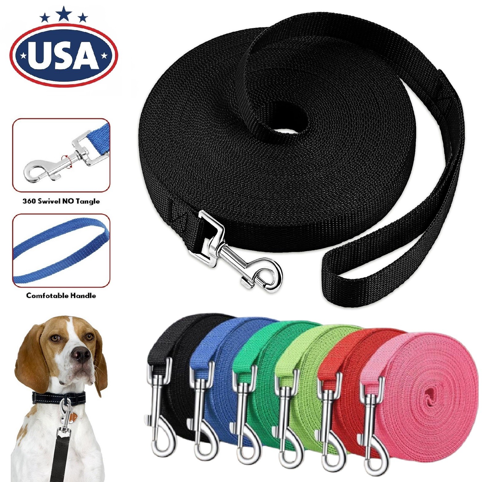 Dog Leash Long Obedience Recall Foot Feet Training Lead 10FT 20FT Nylon Leash US