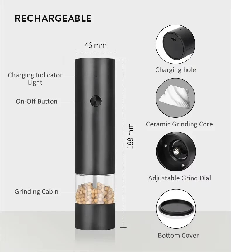 2PCS Electric Salt and Pepper Grinder Set with Rechargeable Base Mill-Adjustable