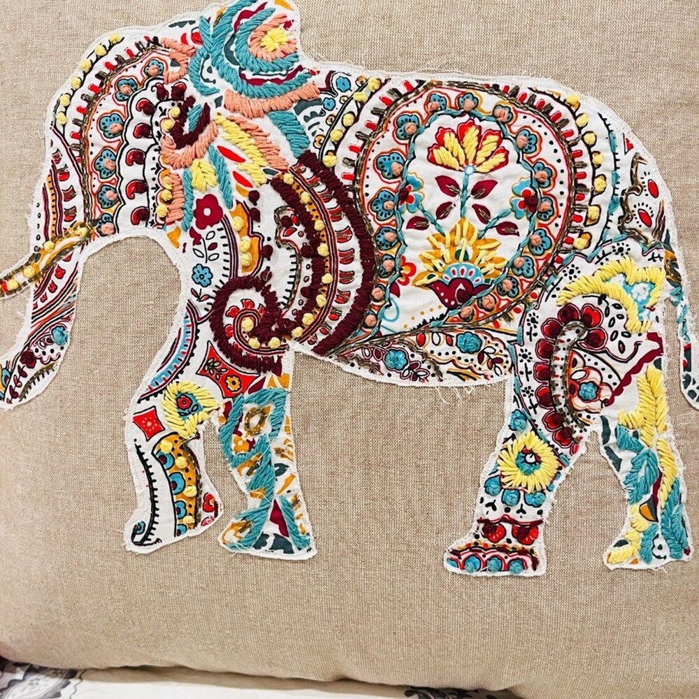 Anthology Elephant Embroidered Duck Down Square Throw Pillow Multicolor Boho