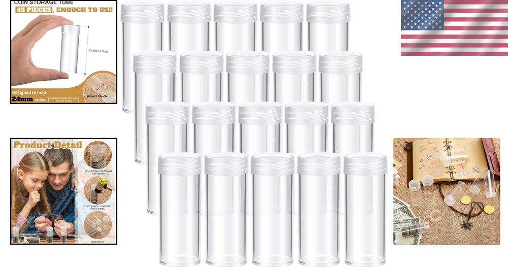 Compact Clear Plastic Quarter Storage Tubes - 45 Count with Rotatable Screw Lids