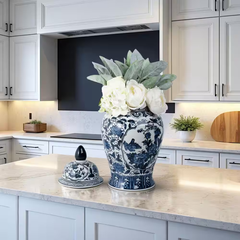 18.25 In. Blue Ceramic Chinoiserie Floral Decorative Jar