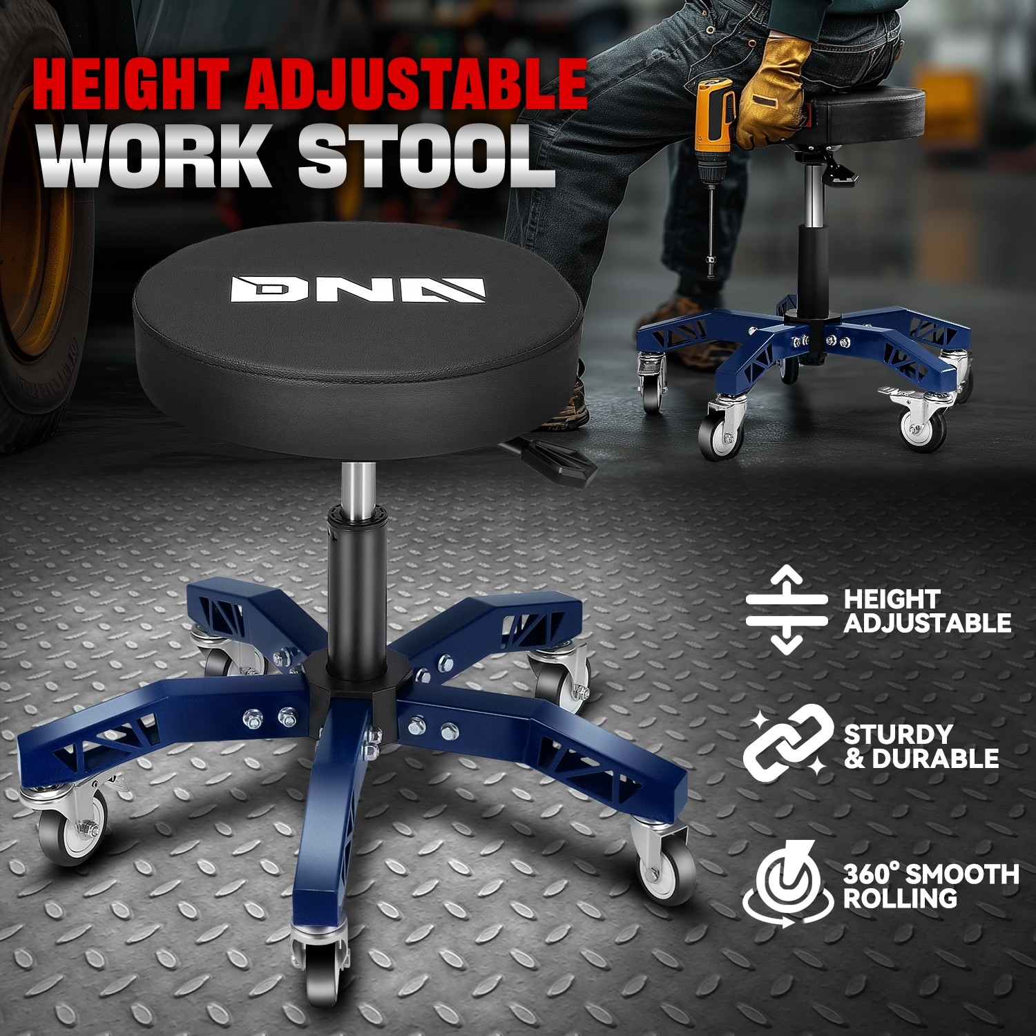 Heavy Duty Adjustable Height Mechanics Rolling Seat Garage Stool Work Shop Blue