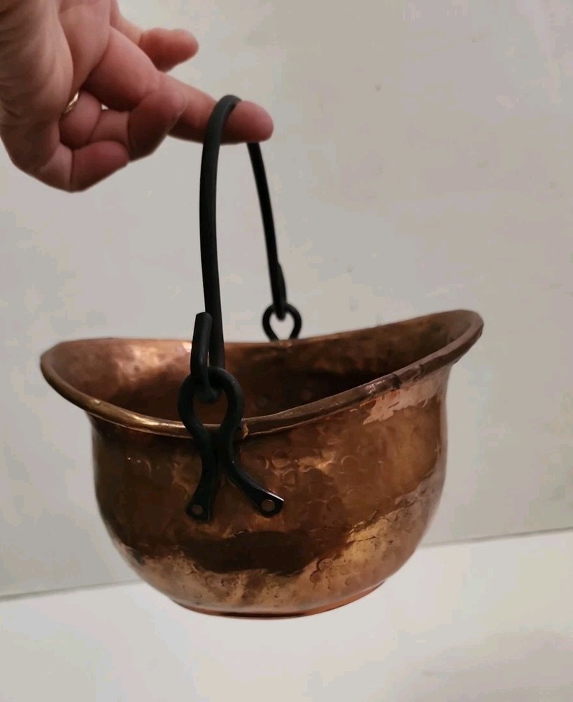 Hammered Copper Pot Hanging Cauldron Rustic Primitive Decor Black Iron Handle