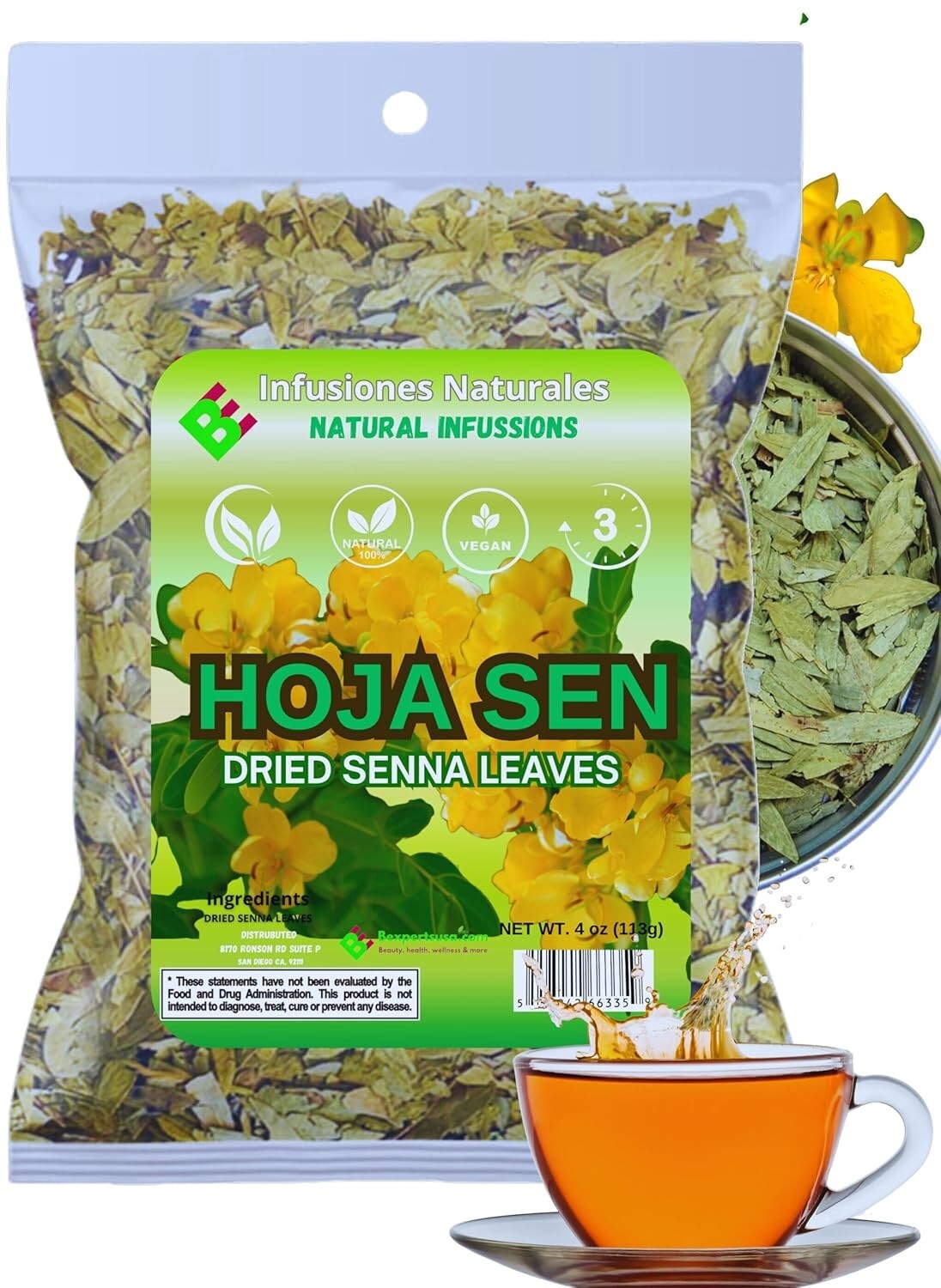 Hoja de Sen Té (Senna Leaf Tea Natural) Net Wt. 4 oz (113g) - 100% Natural,Vegan