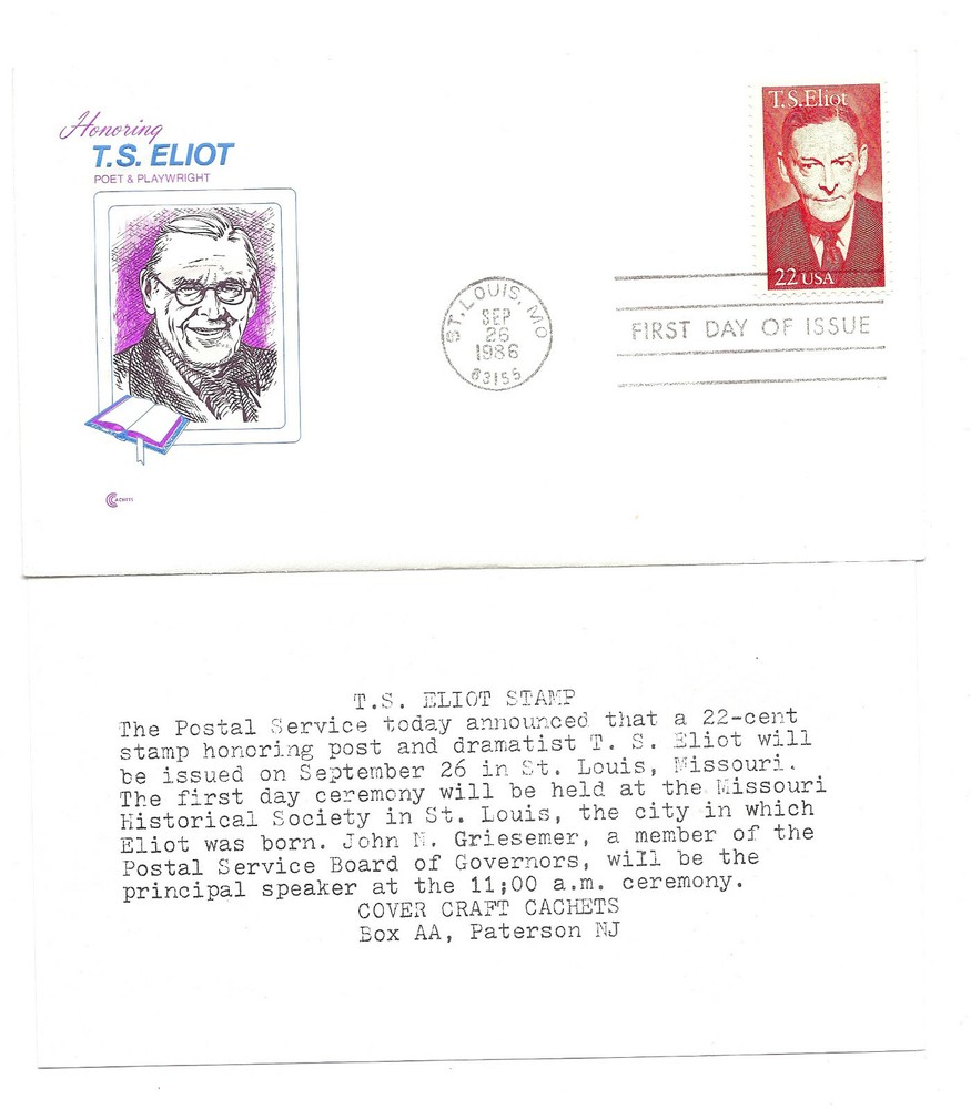 2239 T. S. Eliot Cover Craft Cachets, CCC, FDC