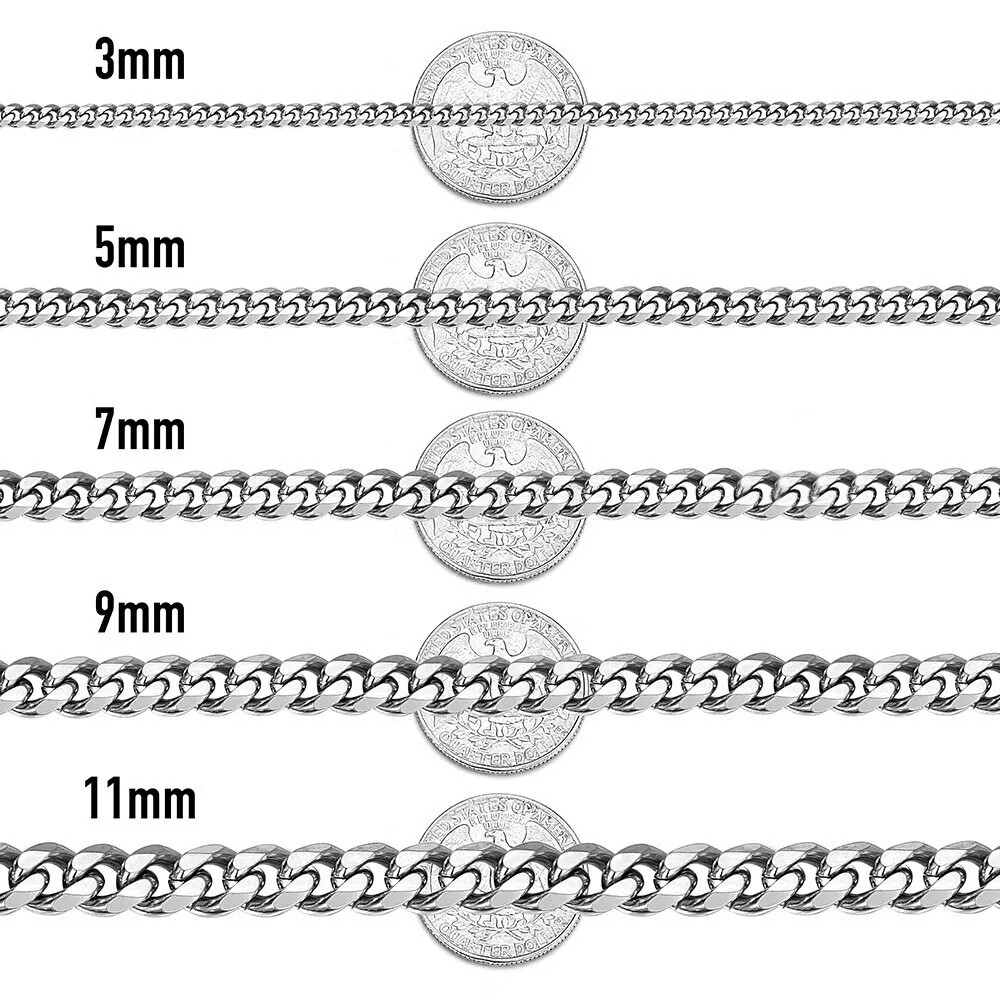 16-30" Stainless Steel Silver Chain Cuban Curb Necklace 3/5/7/9/11mm Womens Mens