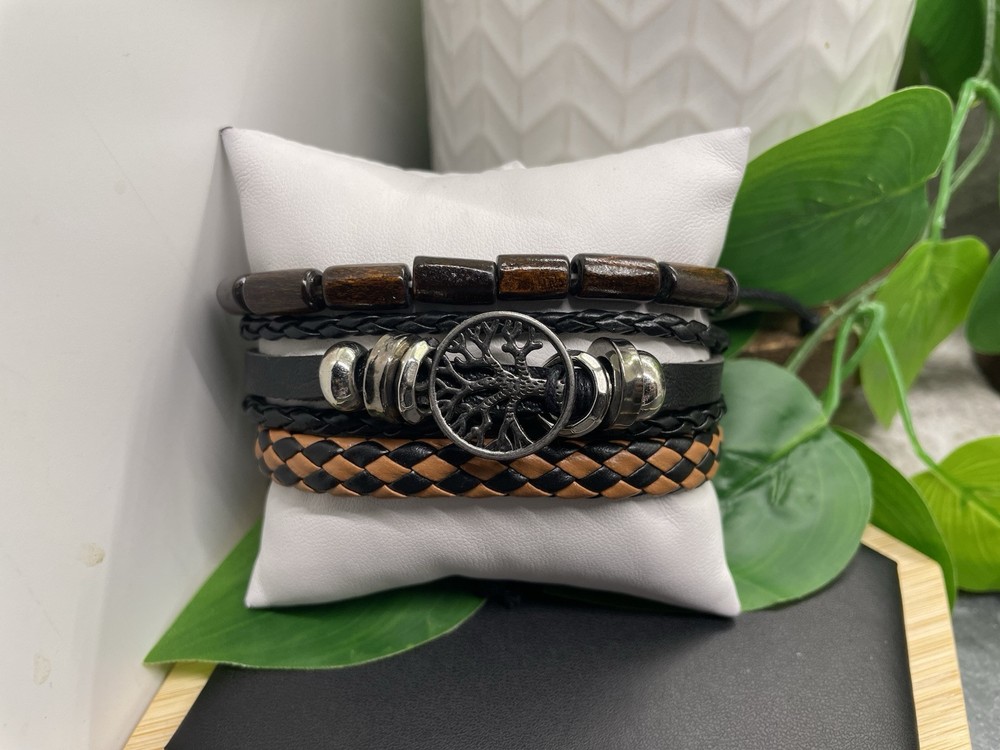3 PC Leather Bracelet  Stackable Adjustable Tie Free Ship Tree Life Charm B5203