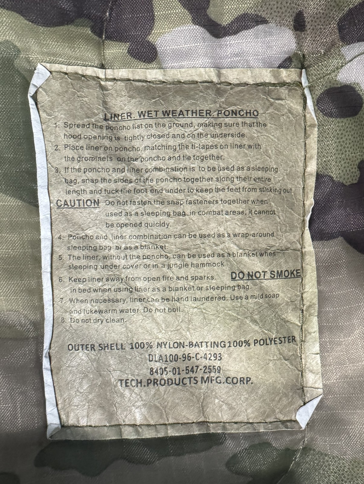 Military Style Tech Products Wet Weather Poncho Liner