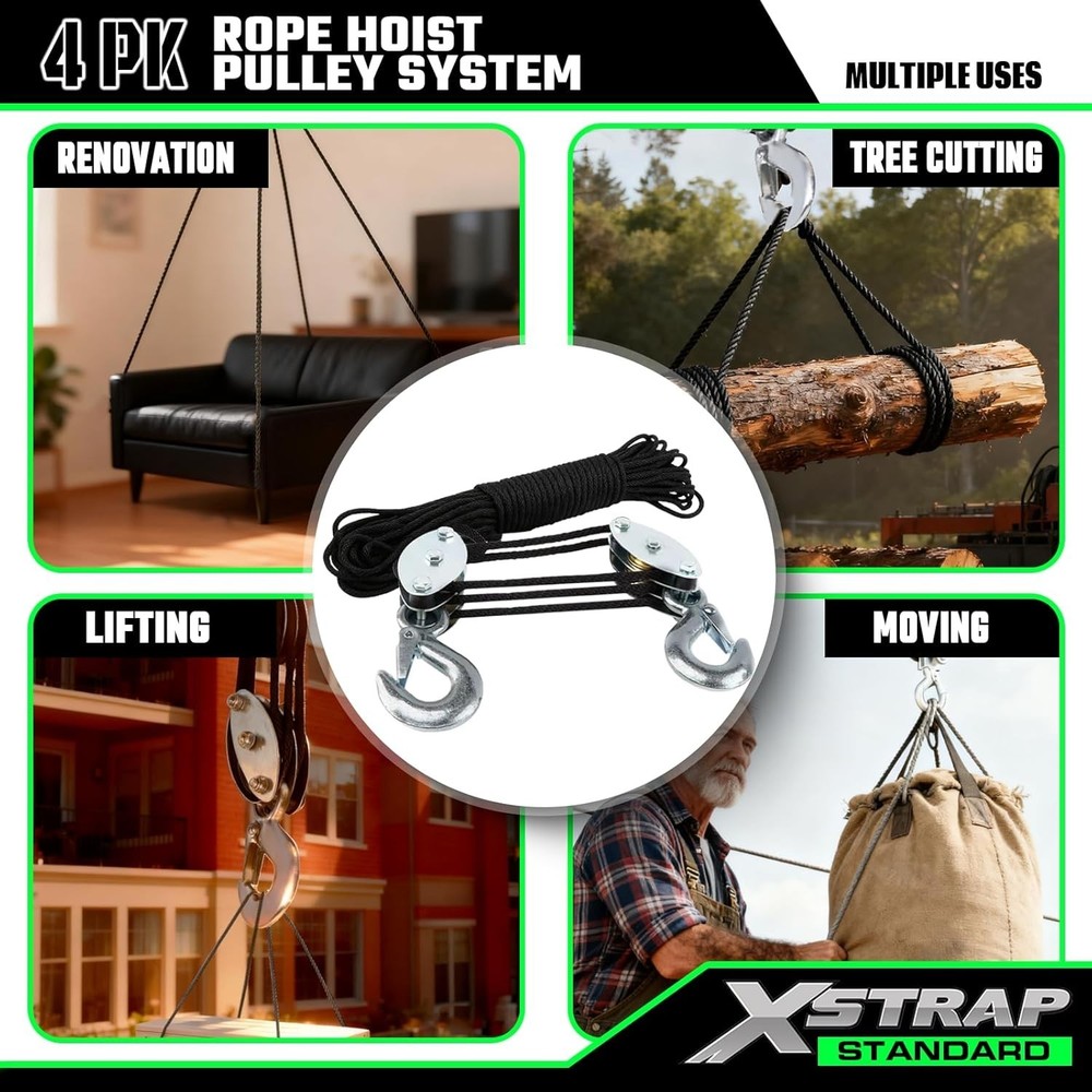 Durable 50FT Block and Tackle Pulley System - 2000 LB Breaking Strength