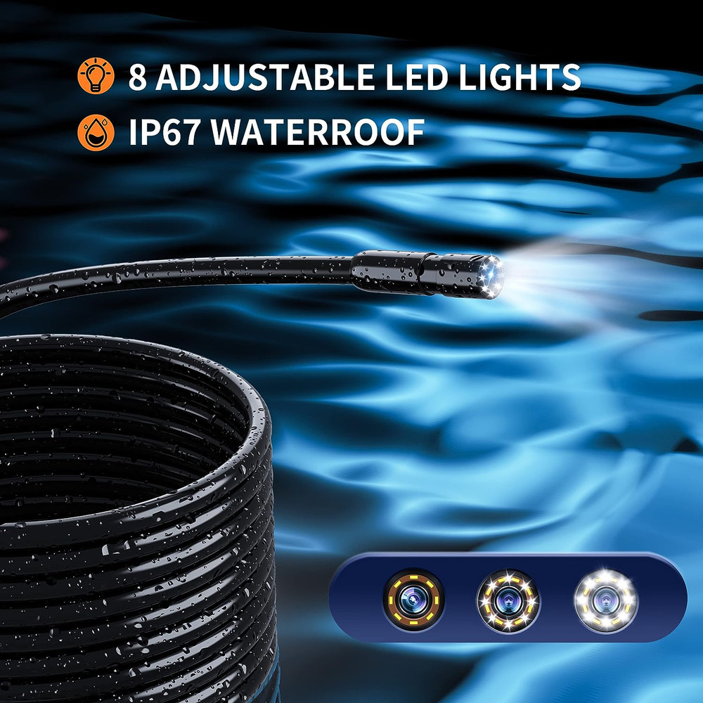 Endoscope Camera with Light, 1080P HD Borescope with 8 Adjustable Lights, 4.3" E