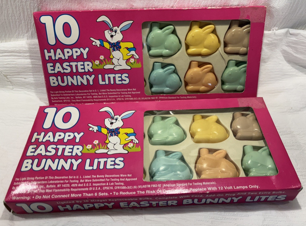 Vintage Plastic Happy Easter Bunny String Lites 2 Boxes NIB