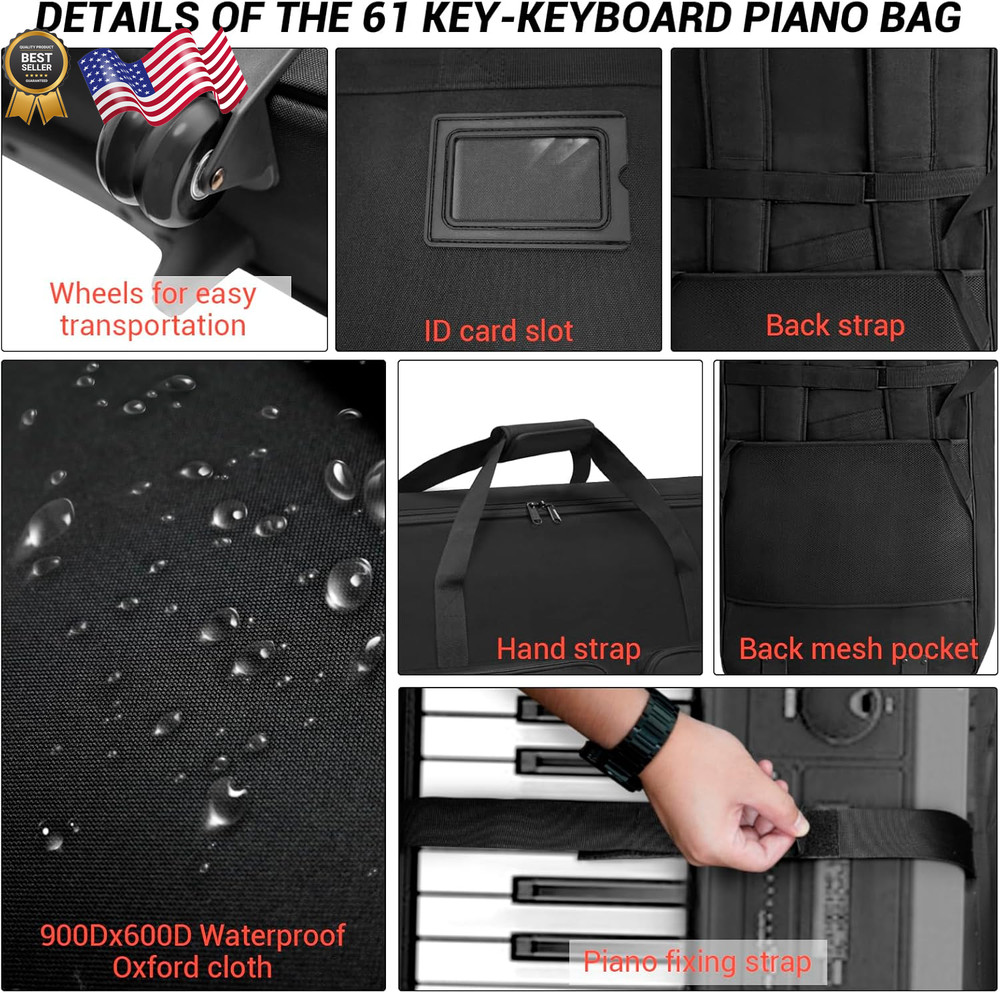 73/76 Key Keyboard Case with Wheels & Adjustable Shoulder Straps– Padded Rolling