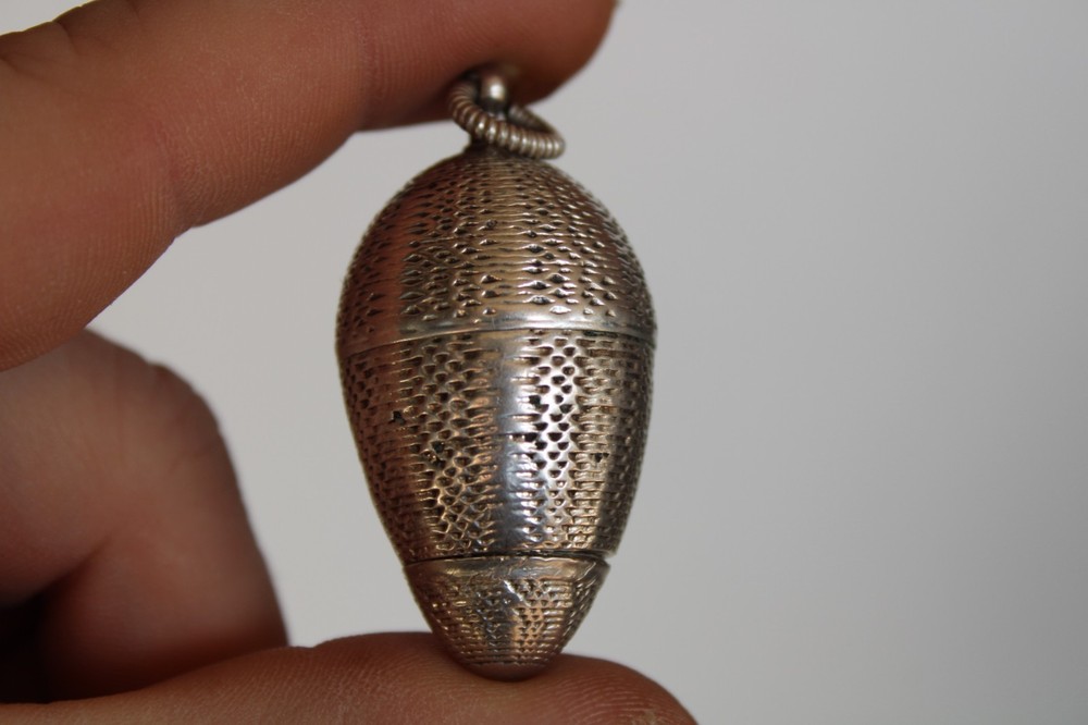 Antique Egg Sterling Silver Chatelaine Thimble Holder & Thimble / Pomander ?