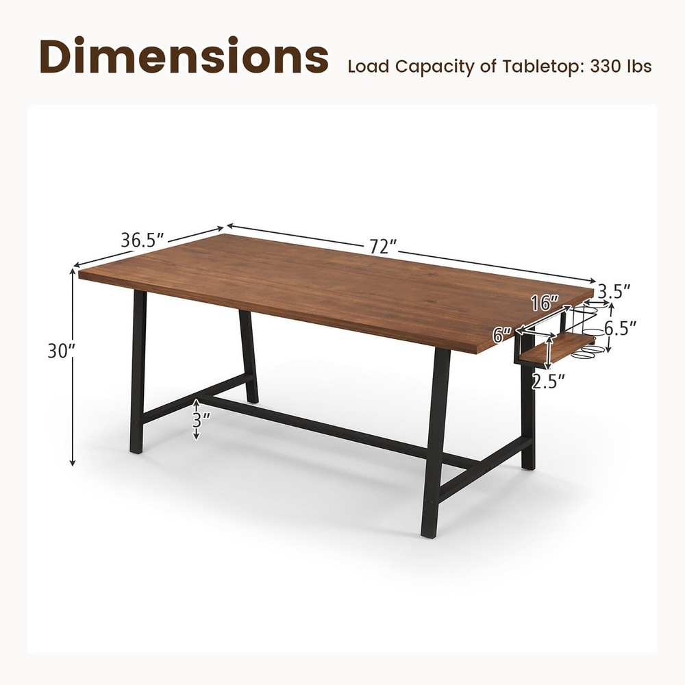 72" Industrial Rectangular Kitchen Table w/ 2-Bottle Wine Rack Condiment Holder