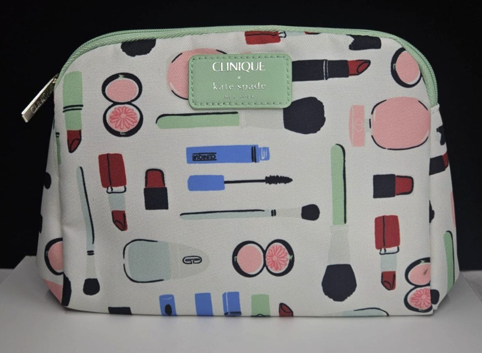 Clinique x Kate Spade Cosmetic Pouch- White/Green - With Zipper - New
