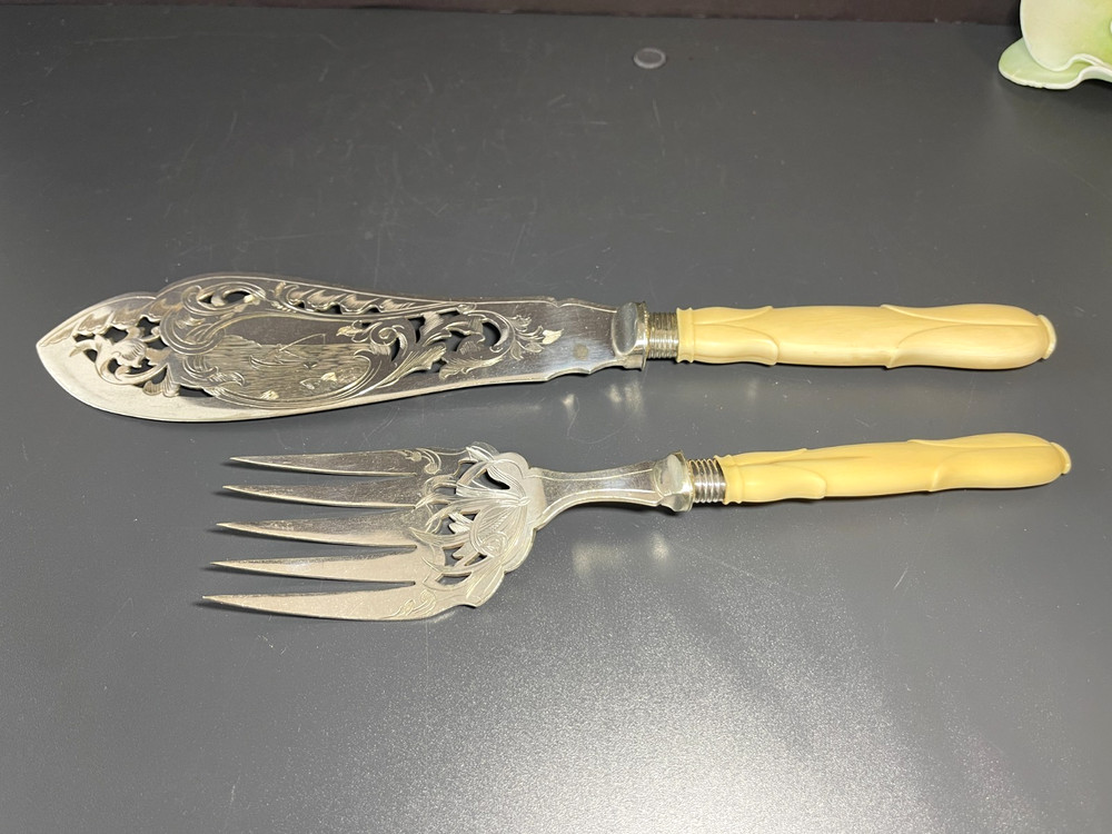 Antique Victorian Silver Plate Serving Fish Knife & Fork Set
