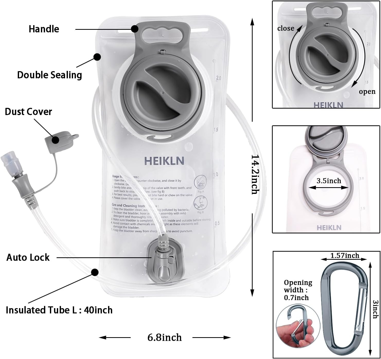 Hydration Bladder 1.5L-2L-3L,Leak Proof Water Reservoir, BPA Free 2L White