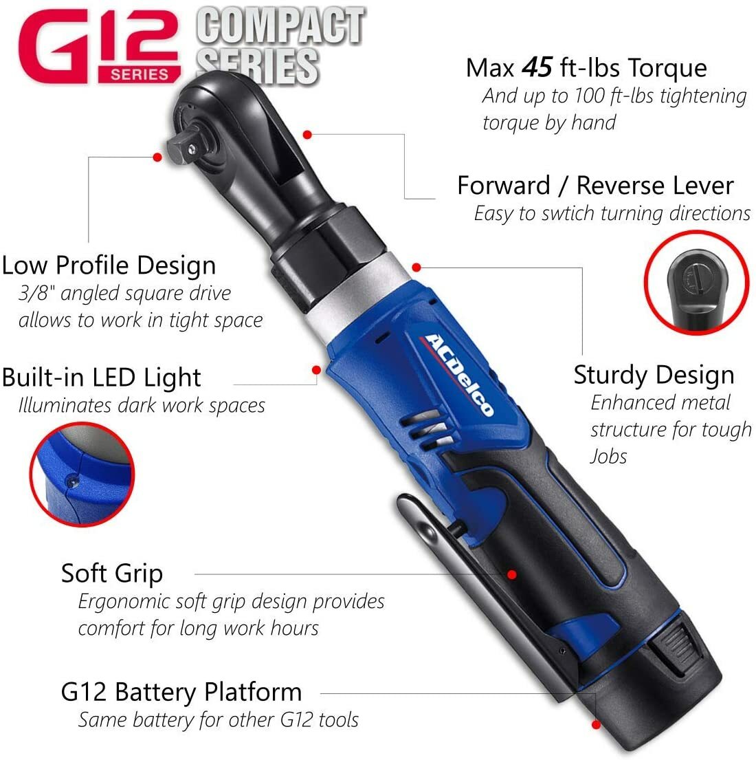 ACDelco G12 Cordless Ratchet Wrench Combo Tool Kit ARW1209-K92 | 2 Battery Kit