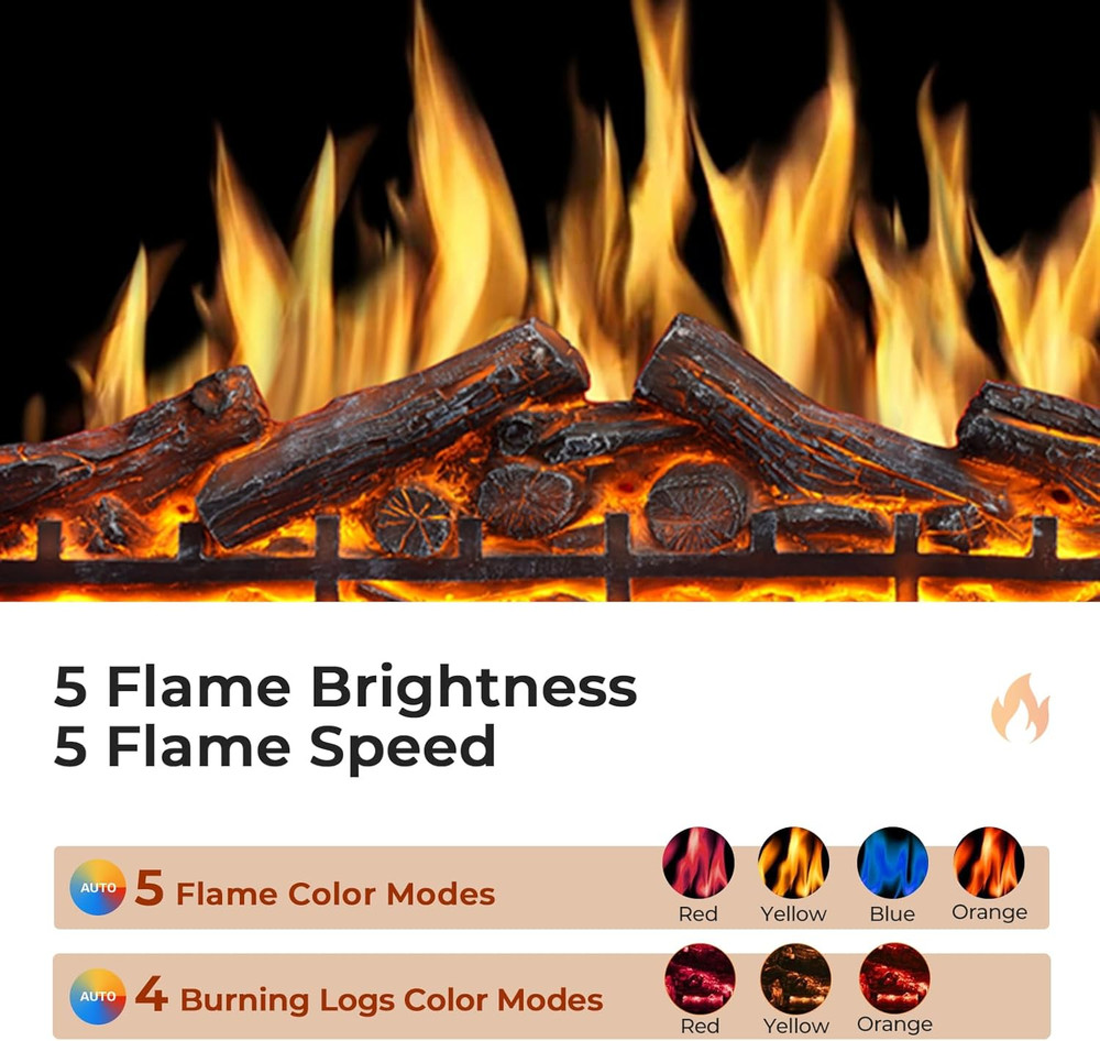 37" Electric Fireplace Insert with Remote, Adjustable Flames & Brightness