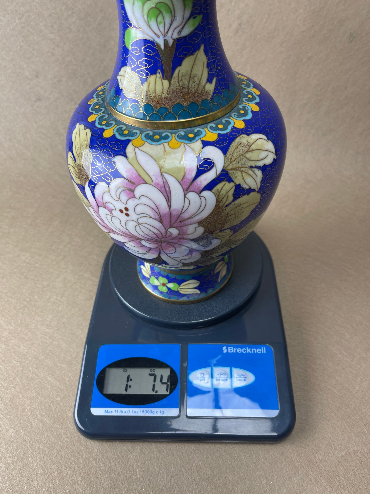 Vintage Chinese Cloisonne Enamel Vase Blue Chrysanthemum Floral Brass 10”