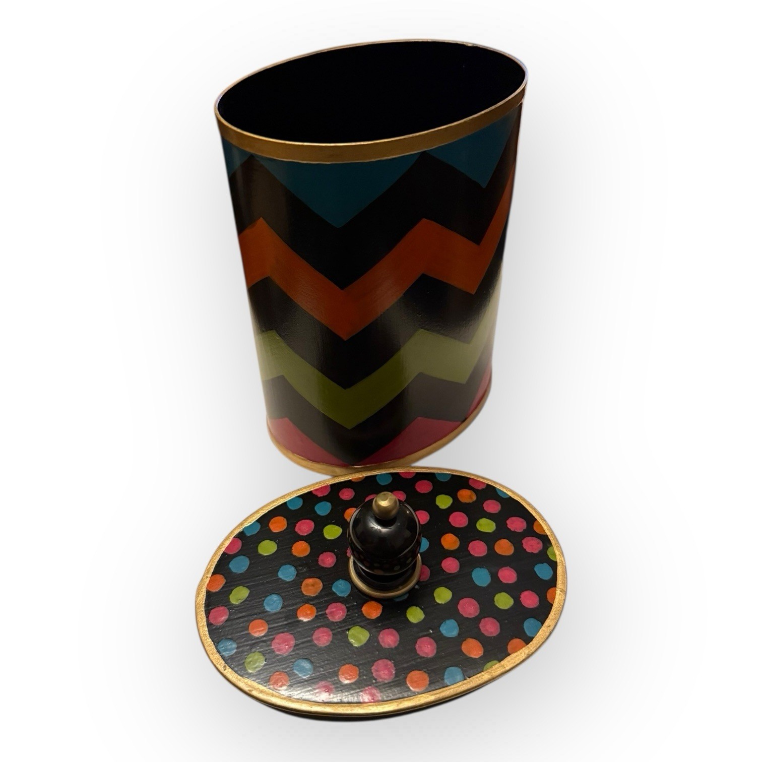 Mackenzie-Childs Trampoline Boutique Cotton Box & Lid Zig Zag Polka Dots 7.5”x5”