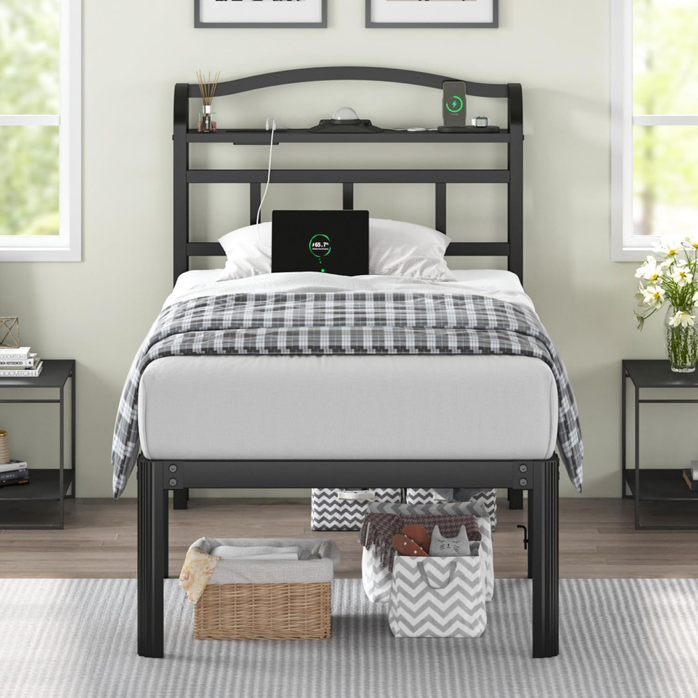 Twin Size Bed Frame with Storage Headboard & Star Projector, Easy Assembly