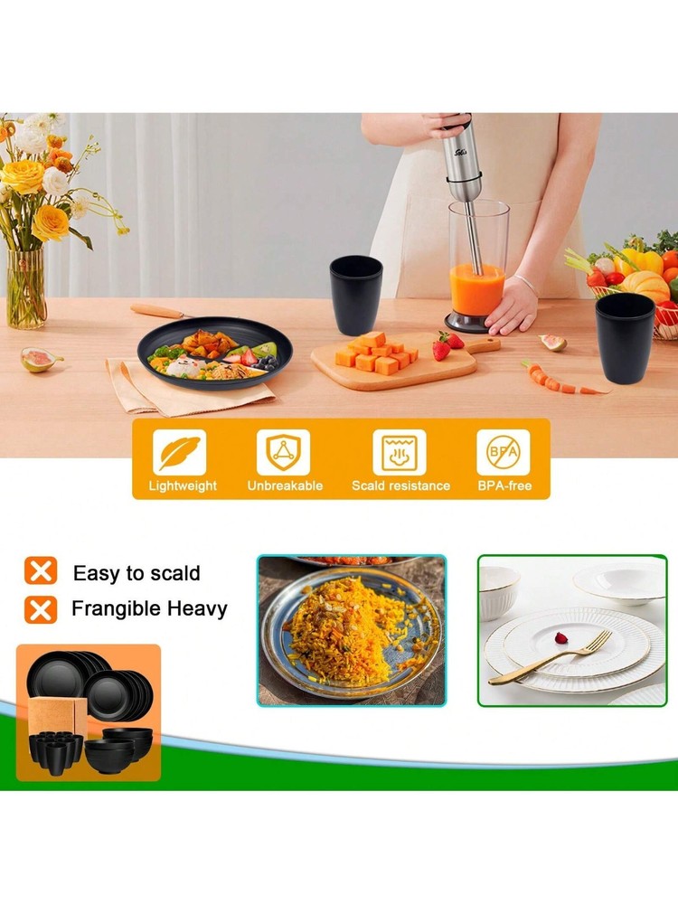 16 Piece Dinnerware Set, Kitchen Wheat Straw Dinnerware Set, Black, Serves 4