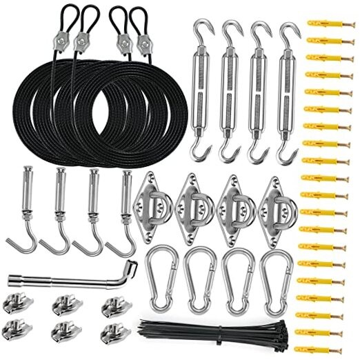 Sun Shade Sail Hardware Kit with 4pcs 10ft Length Extension Nylon Wire Rope,