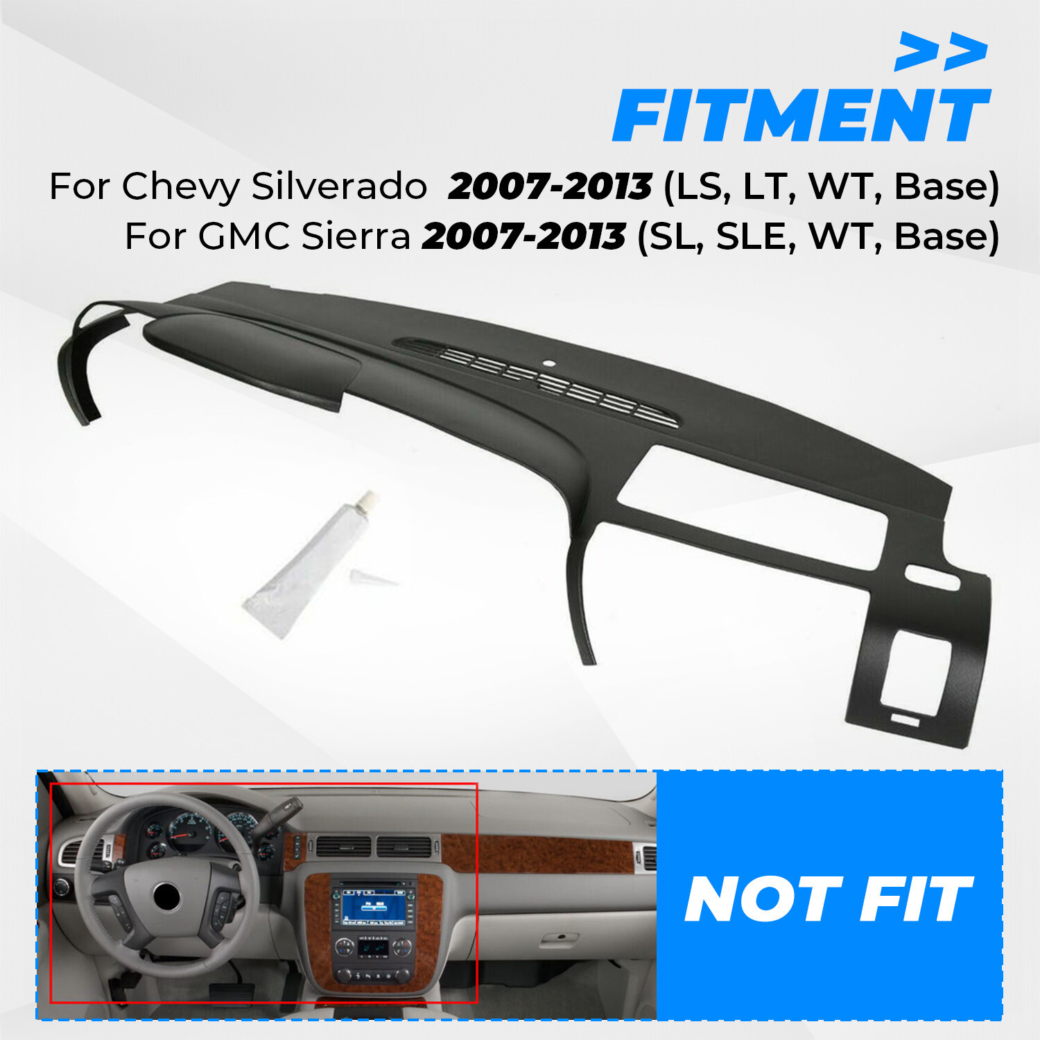 Black Dash Cover For 2007-2014 Silverado 1500 LS LT 1-Piece Textured Overlay