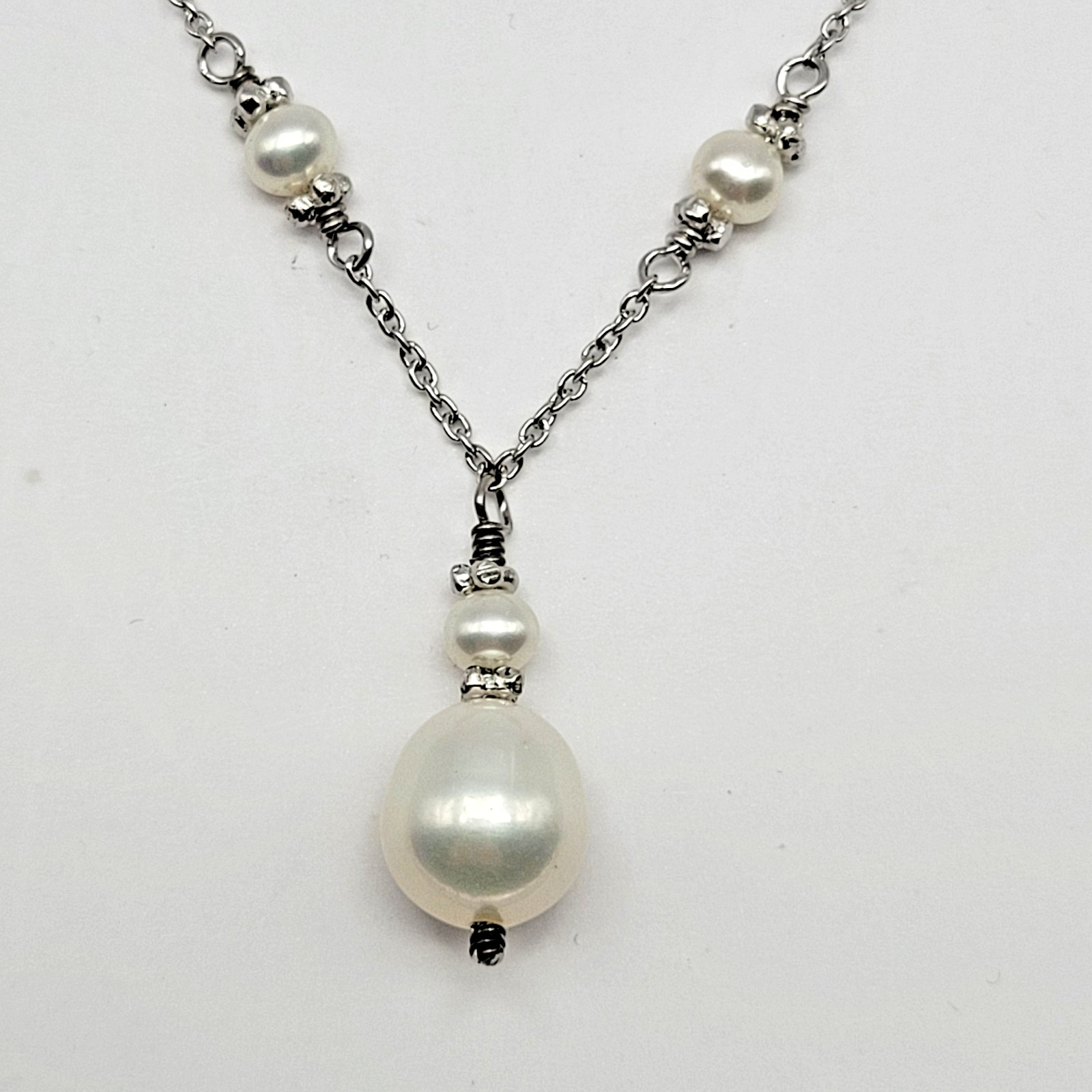 Sterling Silver Cultured Freshwater Pearl Station Pendant Necklace ~ 15" - 18"