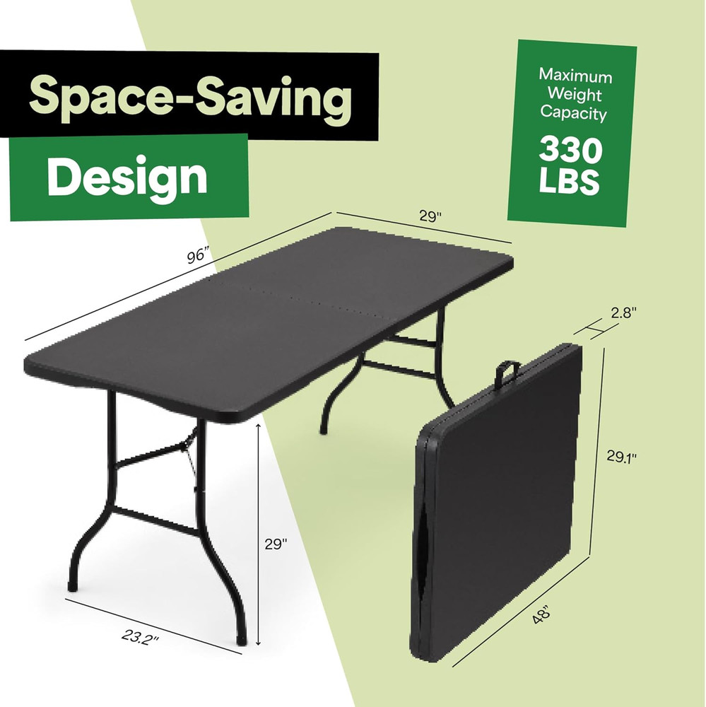 Black 8Ft Folding Table with Handle | Heavy-Duty Foldable Table | Portable Table